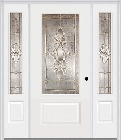 MMI 3/4 LITE 1 PANEL 6'8" FIBERGLASS SMOOTH HEIRLOOMS BRASS OR HEIRLOOMS SATIN NICKEL EXTERIOR PREHUNG DOOR WITH 2 HEIRLOOMS BRASS/SATIN NICKEL 3/4 LITE DECORATIVE GLASS SIDELIGHTS 608