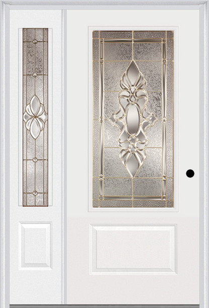 MMI 3/4 LITE 1 PANEL 3'0" X 6'8" FIBERGLASS SMOOTH HEIRLOOMS BRASS OR HEIRLOOMS SATIN NICKEL EXTERIOR PREHUNG DOOR WITH 1 HEIRLOOMS BRASS/SATIN NICKEL 3/4 LITE DECORATIVE GLASS SIDELIGHT 608