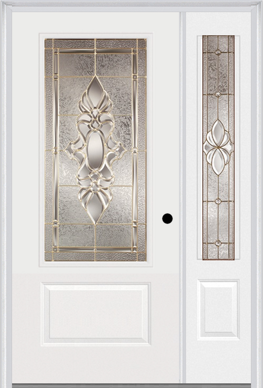 MMI 3/4 LITE 1 PANEL 3'0" X 6'8" FIBERGLASS SMOOTH HEIRLOOMS BRASS OR HEIRLOOMS SATIN NICKEL EXTERIOR PREHUNG DOOR WITH 1 HEIRLOOMS BRASS/SATIN NICKEL 3/4 LITE DECORATIVE GLASS SIDELIGHT 608