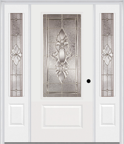 MMI 3/4 LITE 1 PANEL 6'8" FIBERGLASS SMOOTH HEIRLOOMS BRASS OR HEIRLOOMS SATIN NICKEL EXTERIOR PREHUNG DOOR WITH 2 HEIRLOOMS BRASS/SATIN NICKEL 3/4 LITE DECORATIVE GLASS SIDELIGHTS 608