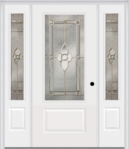 MMI 3/4 LITE 1 PANEL 6'8" FIBERGLASS SMOOTH NOUVEAU BRASS, NOUVEAU NICKEL, OR NOUVEAU PATINA EXTERIOR PREHUNG DOOR WITH 2 NOUVEAU BRASS/NICKEL/PATINA 3/4 LITE DECORATIVE GLASS SIDELIGHTS 608