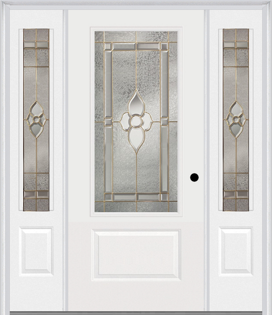 MMI 3/4 LITE 1 PANEL 6'8" FIBERGLASS SMOOTH NOUVEAU BRASS, NOUVEAU NICKEL, OR NOUVEAU PATINA EXTERIOR PREHUNG DOOR WITH 2 NOUVEAU BRASS/NICKEL/PATINA 3/4 LITE DECORATIVE GLASS SIDELIGHTS 608