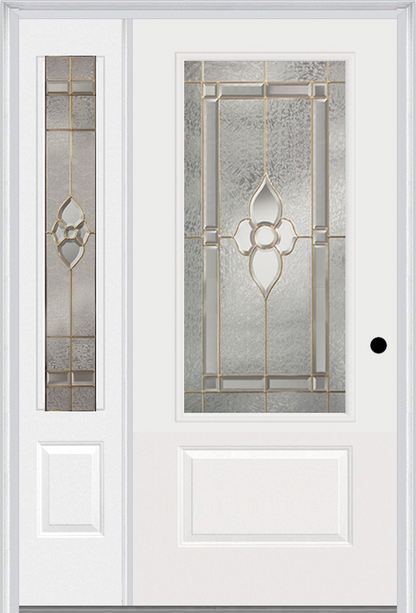 MMI 3/4 LITE 1 PANEL 3'0" X 6'8" FIBERGLASS SMOOTH NOUVEAU BRASS, NOUVEAU NICKEL, OR NOUVEAU PATINA EXTERIOR PREHUNG DOOR WITH 1 NOUVEAU BRASS/NICKEL/PATINA 3/4 LITE DECORATIVE GLASS SIDELIGHT 608