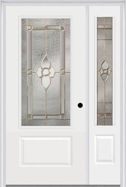 MMI 3/4 LITE 1 PANEL 3'0" X 6'8" FIBERGLASS SMOOTH NOUVEAU BRASS, NOUVEAU NICKEL, OR NOUVEAU PATINA EXTERIOR PREHUNG DOOR WITH 1 NOUVEAU BRASS/NICKEL/PATINA 3/4 LITE DECORATIVE GLASS SIDELIGHT 608