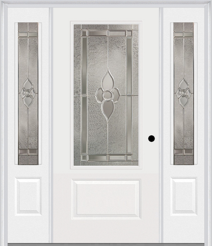 MMI 3/4 LITE 1 PANEL 6'8" FIBERGLASS SMOOTH NOUVEAU BRASS, NOUVEAU NICKEL, OR NOUVEAU PATINA EXTERIOR PREHUNG DOOR WITH 2 NOUVEAU BRASS/NICKEL/PATINA 3/4 LITE DECORATIVE GLASS SIDELIGHTS 608