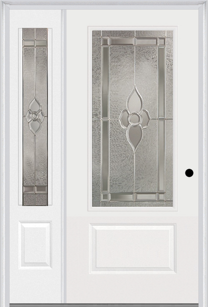 MMI 3/4 LITE 1 PANEL 3'0" X 6'8" FIBERGLASS SMOOTH NOUVEAU BRASS, NOUVEAU NICKEL, OR NOUVEAU PATINA EXTERIOR PREHUNG DOOR WITH 1 NOUVEAU BRASS/NICKEL/PATINA 3/4 LITE DECORATIVE GLASS SIDELIGHT 608