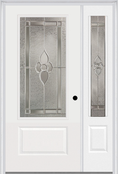 MMI 3/4 LITE 1 PANEL 3'0" X 6'8" FIBERGLASS SMOOTH NOUVEAU BRASS, NOUVEAU NICKEL, OR NOUVEAU PATINA EXTERIOR PREHUNG DOOR WITH 1 NOUVEAU BRASS/NICKEL/PATINA 3/4 LITE DECORATIVE GLASS SIDELIGHT 608