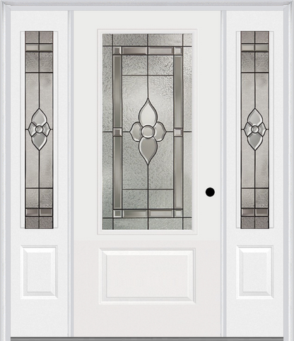 MMI 3/4 LITE 1 PANEL 6'8" FIBERGLASS SMOOTH NOUVEAU BRASS, NOUVEAU NICKEL, OR NOUVEAU PATINA EXTERIOR PREHUNG DOOR WITH 2 NOUVEAU BRASS/NICKEL/PATINA 3/4 LITE DECORATIVE GLASS SIDELIGHTS 608