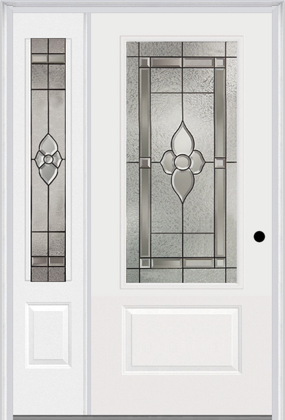 MMI 3/4 LITE 1 PANEL 3'0" X 6'8" FIBERGLASS SMOOTH NOUVEAU BRASS, NOUVEAU NICKEL, OR NOUVEAU PATINA EXTERIOR PREHUNG DOOR WITH 1 NOUVEAU BRASS/NICKEL/PATINA 3/4 LITE DECORATIVE GLASS SIDELIGHT 608