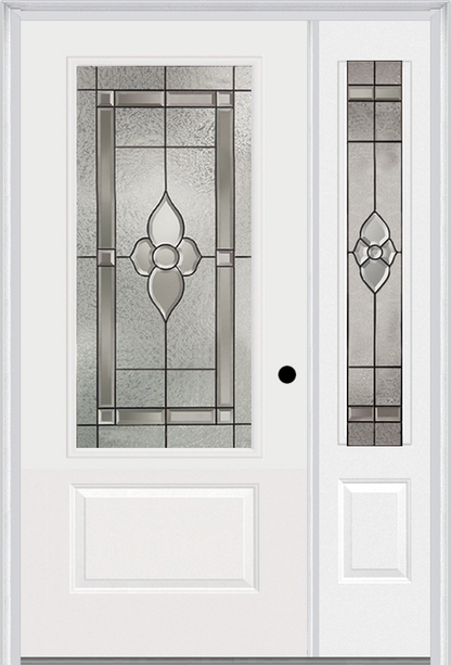 MMI 3/4 LITE 1 PANEL 3'0" X 6'8" FIBERGLASS SMOOTH NOUVEAU BRASS, NOUVEAU NICKEL, OR NOUVEAU PATINA EXTERIOR PREHUNG DOOR WITH 1 NOUVEAU BRASS/NICKEL/PATINA 3/4 LITE DECORATIVE GLASS SIDELIGHT 608