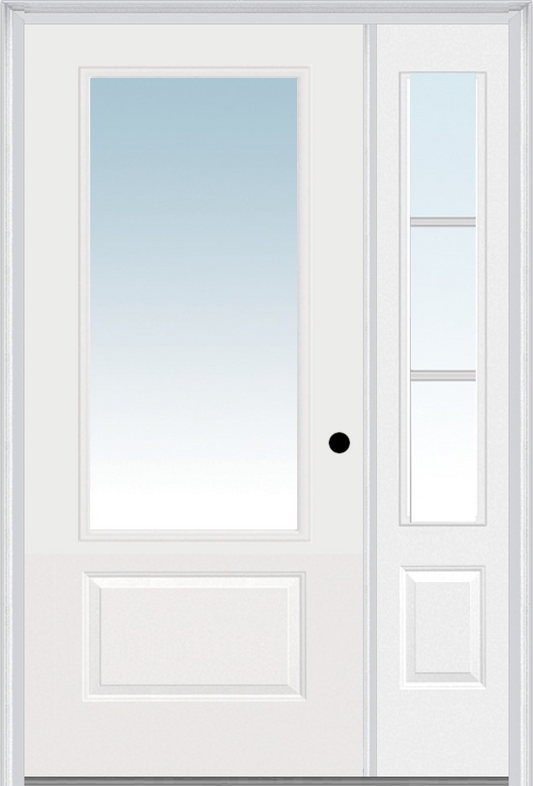 MMI 3/4 LITE 1 PANEL 3'0" X 6'8" FIBERGLASS SMOOTH EXTERIOR PREHUNG DOOR WITH 1 SDL GRILLES 3/4 LITE LOW-E GLASS SIDELIGHT 608