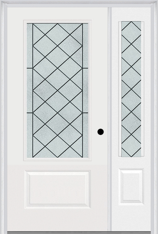 MMI 3/4 LITE 1 PANEL 6'8" FIBERGLASS SMOOTH HARRIS PATINA EXTERIOR PREHUNG DOOR WITH 1 HARRIS PATINA 3/4 LITE DECORATIVE GLASS SIDELIGHT 608