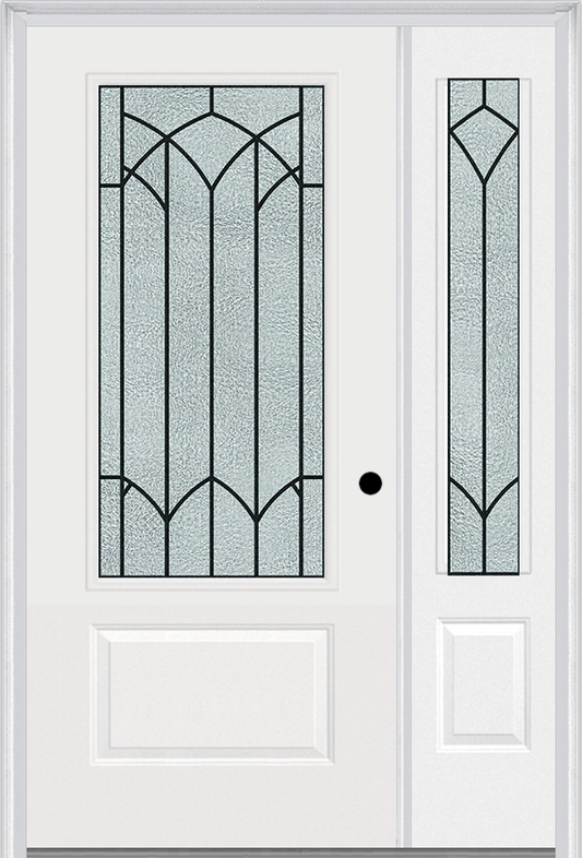 MMI 3/4 LITE 1 PANEL 6'8" FIBERGLASS SMOOTH MONTCLAIRE WROUGHT IRON EXTERIOR PREHUNG DOOR WITH 1 MONTCLAIRE WROUGHT IRON 3/4 LITE DECORATIVE GLASS SIDELIGHT 608