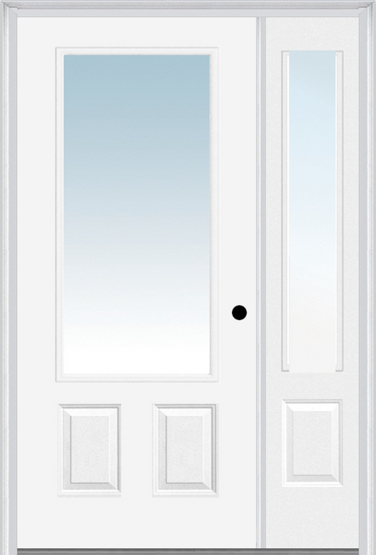 MMI 3/4 LITE 2 PANEL 3'0" X 6'8" FIBERGLASS SMOOTH EXTERIOR PREHUNG DOOR WITH 1 CLEAR 3/4 LITE GLASS SIDELIGHT 147