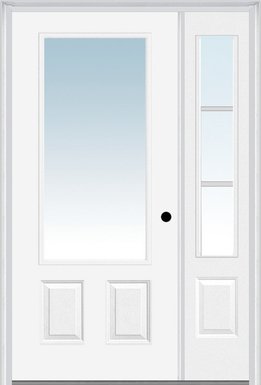 MMI 3/4 LITE 2 PANEL 3'0" X 6'8" FIBERGLASS SMOOTH EXTERIOR PREHUNG DOOR WITH 1 SDL GRILLES 3/4 LITE LOW-E GLASS SIDELIGHT 147