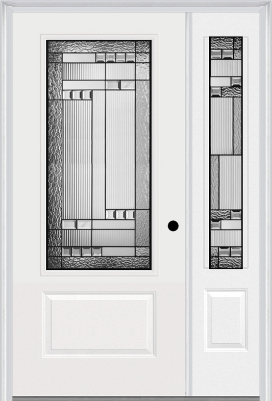 MMI 3/4 LITE 1 PANEL 6'8" FIBERGLASS SMOOTH METRO PATINA EXTERIOR PREHUNG DOOR WITH 1 METRO PATINA 3/4 LITE DECORATIVE GLASS SIDELIGHT 608