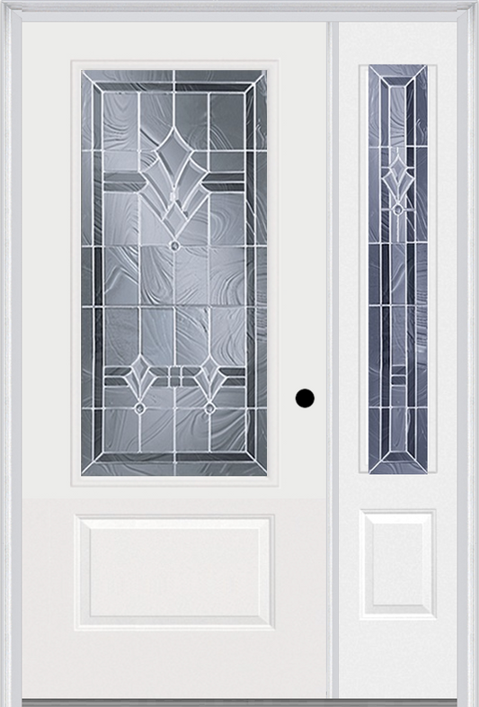 MMI 3/4 LITE 1 PANEL 6'8" FIBERGLASS SMOOTH RADIANT HUES NICKEL EXTERIOR PREHUNG DOOR WITH 1 RADIANT HUES NICKEL 3/4 LITE DECORATIVE GLASS SIDELIGHT 608