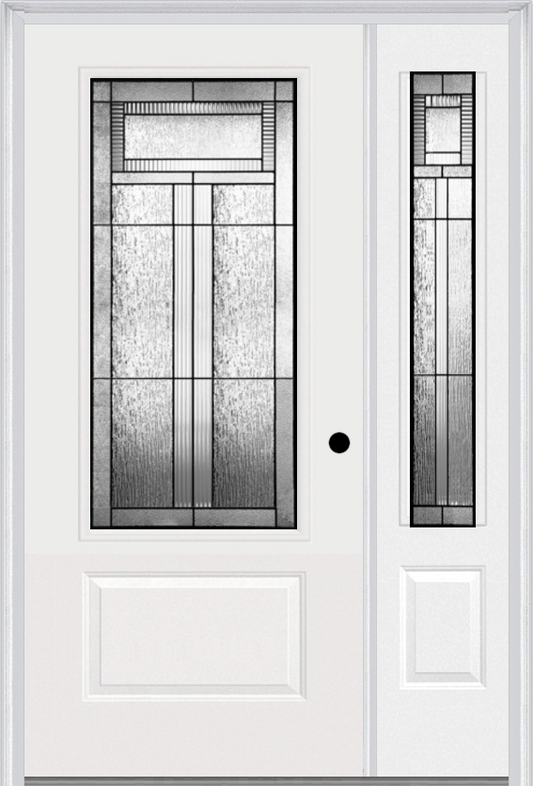 MMI 3/4 LITE 1 PANEL 6'8" FIBERGLASS SMOOTH ROYAL PATINA EXTERIOR PREHUNG DOOR WITH 1 ROYAL PATINA 3/4 LITE DECORATIVE GLASS SIDELIGHT 608