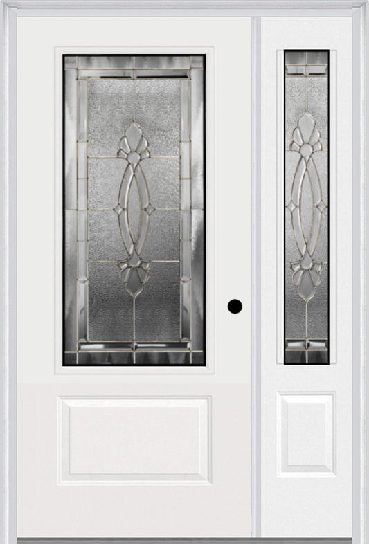 MMI 3/4 LITE 1 PANEL 6'8" FIBERGLASS SMOOTH BELAIRE ZINC EXTERIOR PREHUNG DOOR WITH 1 BELAIRE ZINC 3/4 LITE DECORATIVE GLASS SIDELIGHT 608