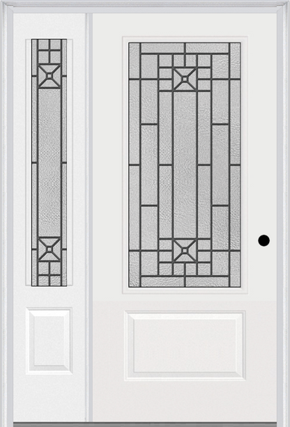 MMI 3/4 LITE 1 PANEL 6'8" FIBERGLASS SMOOTH COURTYARD NICKEL VEIN WROUGHT IRON EXTERIOR PREHUNG DOOR WITH 1 COURTYARD NICKEL VEIN WROUGHT IRON 3/4 LITE DECORATIVE GLASS SIDELIGHT 608