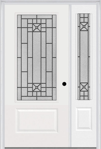 MMI 3/4 LITE 1 PANEL 6'8" FIBERGLASS SMOOTH COURTYARD NICKEL VEIN WROUGHT IRON EXTERIOR PREHUNG DOOR WITH 1 COURTYARD NICKEL VEIN WROUGHT IRON 3/4 LITE DECORATIVE GLASS SIDELIGHT 608