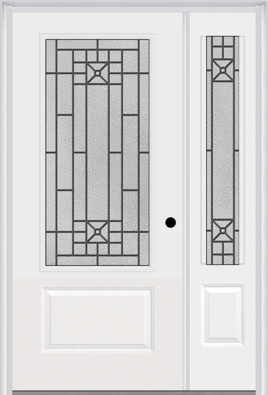 MMI 3/4 LITE 1 PANEL 6'8" FIBERGLASS SMOOTH COURTYARD NICKEL VEIN WROUGHT IRON EXTERIOR PREHUNG DOOR WITH 1 COURTYARD NICKEL VEIN WROUGHT IRON 3/4 LITE DECORATIVE GLASS SIDELIGHT 608