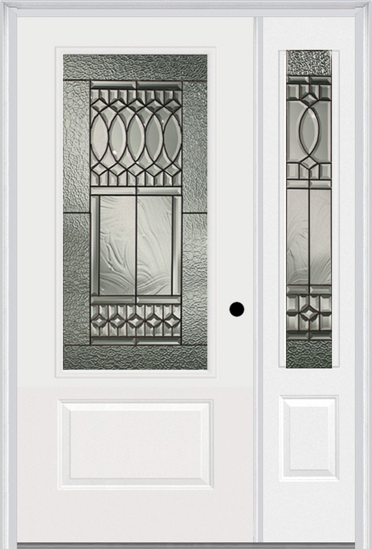 MMI 3/4 LITE 1 PANEL 6'8" FIBERGLASS SMOOTH PARIS PATINA EXTERIOR PREHUNG DOOR WITH 1 PARIS PATINA 3/4 LITE DECORATIVE GLASS SIDELIGHT 608