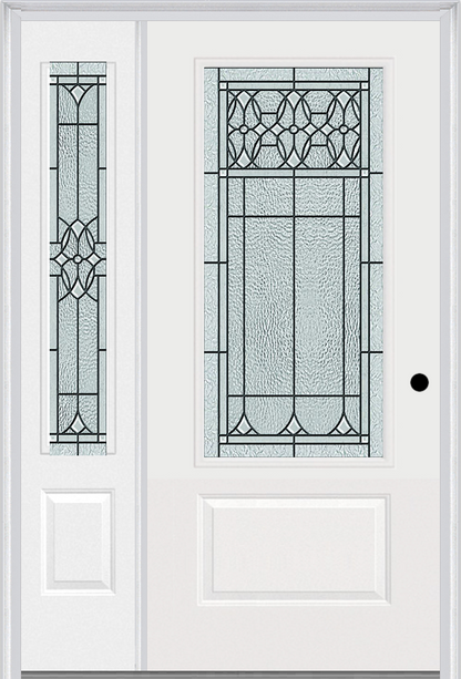 MMI 3/4 LITE 1 PANEL 6'8" FIBERGLASS SMOOTH SELWYN PATINA EXTERIOR PREHUNG DOOR WITH 1 SELWYN PATINA 3/4 LITE DECORATIVE GLASS SIDELIGHT 608