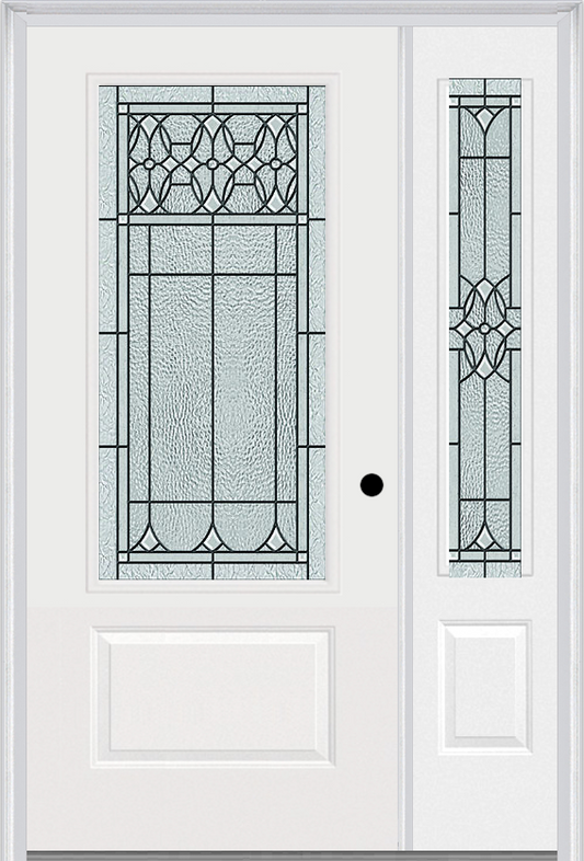 MMI 3/4 LITE 1 PANEL 6'8" FIBERGLASS SMOOTH SELWYN PATINA EXTERIOR PREHUNG DOOR WITH 1 SELWYN PATINA 3/4 LITE DECORATIVE GLASS SIDELIGHT 608