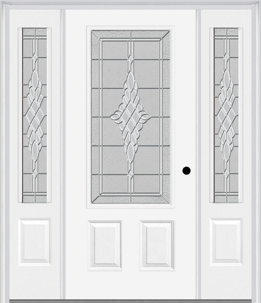 MMI 3/4 LITE 2 PANEL 6'8" FIBERGLASS SMOOTH GRACE NICKEL OR GRACE PATINA EXTERIOR PREHUNG DOOR WITH 2 GRACE NICKEL/PATINA 3/4 LITE DECORATIVE GLASS SIDELIGHTS 607