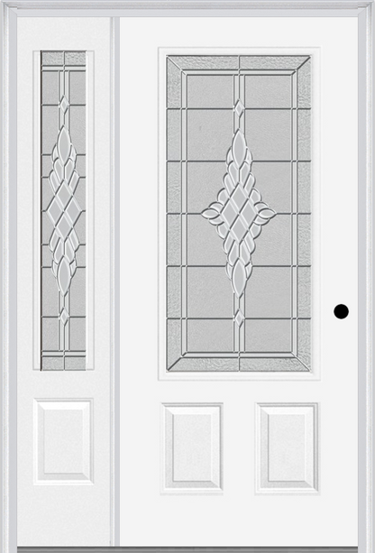 MMI 3/4 LITE 2 PANEL 6'8" FIBERGLASS SMOOTH GRACE NICKEL OR GRACE PATINA EXTERIOR PREHUNG DOOR WITH 1 GRACE NICKEL/PATINA 3/4 LITE DECORATIVE GLASS SIDELIGHT 607