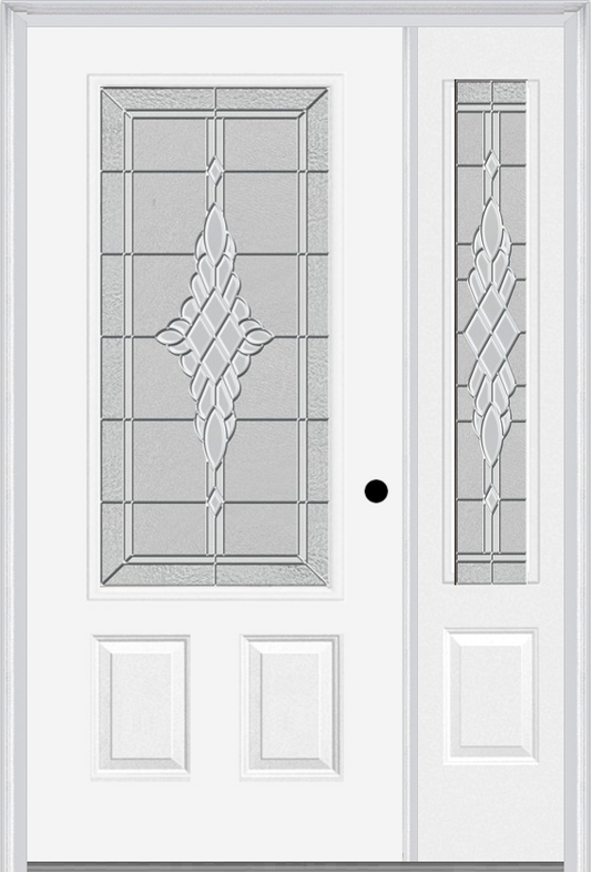 MMI 3/4 LITE 2 PANEL 6'8" FIBERGLASS SMOOTH GRACE NICKEL OR GRACE PATINA EXTERIOR PREHUNG DOOR WITH 1 GRACE NICKEL/PATINA 3/4 LITE DECORATIVE GLASS SIDELIGHT 607