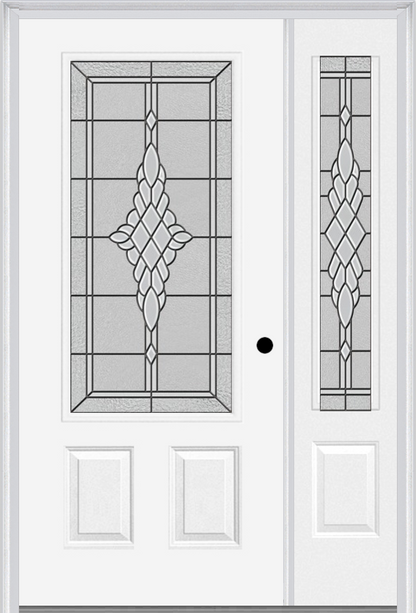 MMI 3/4 LITE 2 PANEL 6'8" FIBERGLASS SMOOTH GRACE NICKEL OR GRACE PATINA EXTERIOR PREHUNG DOOR WITH 1 GRACE NICKEL/PATINA 3/4 LITE DECORATIVE GLASS SIDELIGHT 607