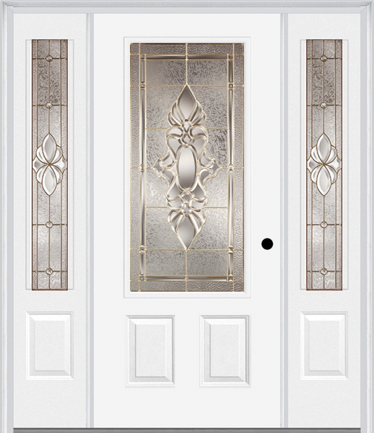 MMI 3/4 LITE 2 PANEL 6'8" FIBERGLASS SMOOTH HEIRLOOMS BRASS OR HEIRLOOMS SATIN NICKEL EXTERIOR PREHUNG DOOR WITH 2 HEIRLOOMS BRASS/SATIN NICKEL 3/4 LITE DECORATIVE GLASS SIDELIGHTS 607