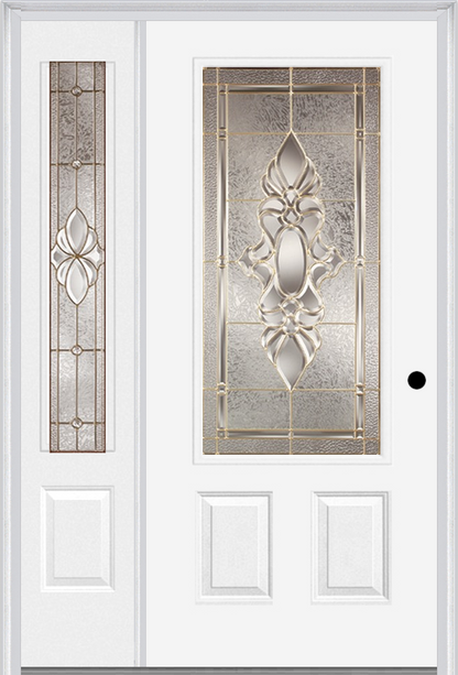 MMI 3/4 LITE 2 PANEL 6'8" FIBERGLASS SMOOTH HEIRLOOMS BRASS OR HEIRLOOMS SATIN NICKEL EXTERIOR PREHUNG DOOR WITH 1 HEIRLOOMS BRASS/SATIN NICKEL 3/4 LITE DECORATIVE GLASS SIDELIGHT 607