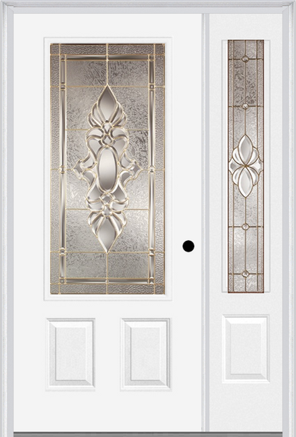 MMI 3/4 LITE 2 PANEL 6'8" FIBERGLASS SMOOTH HEIRLOOMS BRASS OR HEIRLOOMS SATIN NICKEL EXTERIOR PREHUNG DOOR WITH 1 HEIRLOOMS BRASS/SATIN NICKEL 3/4 LITE DECORATIVE GLASS SIDELIGHT 607