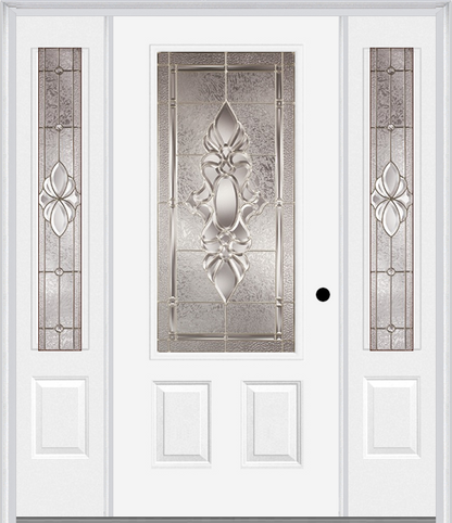 MMI 3/4 LITE 2 PANEL 6'8" FIBERGLASS SMOOTH HEIRLOOMS BRASS OR HEIRLOOMS SATIN NICKEL EXTERIOR PREHUNG DOOR WITH 2 HEIRLOOMS BRASS/SATIN NICKEL 3/4 LITE DECORATIVE GLASS SIDELIGHTS 607