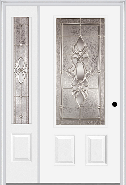 MMI 3/4 LITE 2 PANEL 6'8" FIBERGLASS SMOOTH HEIRLOOMS BRASS OR HEIRLOOMS SATIN NICKEL EXTERIOR PREHUNG DOOR WITH 1 HEIRLOOMS BRASS/SATIN NICKEL 3/4 LITE DECORATIVE GLASS SIDELIGHT 607