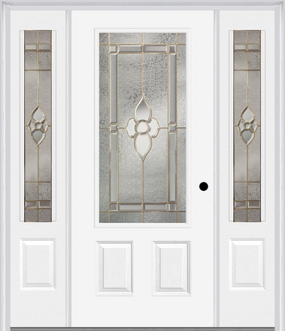 MMI 3/4 LITE 2 PANEL 6'8" FIBERGLASS SMOOTH NOUVEAU BRASS, NOUVEAU NICKEL, OR NOUVEAU PATINA EXTERIOR PREHUNG DOOR WITH 2 NOUVEAU BRASS/NICKEL/PATINA 3/4 LITE DECORATIVE GLASS SIDELIGHTS 607