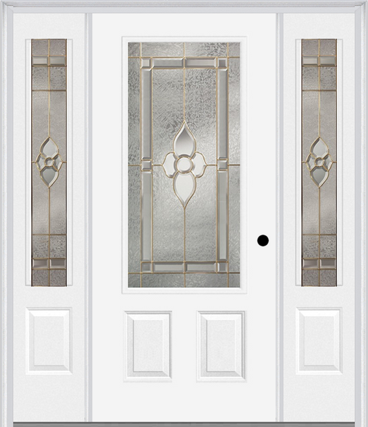 MMI 3/4 LITE 2 PANEL 6'8" FIBERGLASS SMOOTH NOUVEAU BRASS, NOUVEAU NICKEL, OR NOUVEAU PATINA EXTERIOR PREHUNG DOOR WITH 2 NOUVEAU BRASS/NICKEL/PATINA 3/4 LITE DECORATIVE GLASS SIDELIGHTS 607