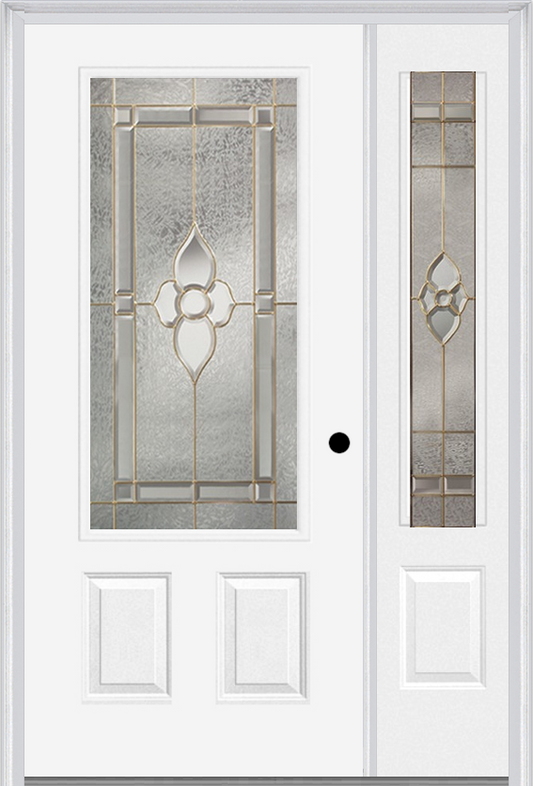 MMI 3/4 LITE 2 PANEL 6'8" FIBERGLASS SMOOTH NOUVEAU BRASS, NOUVEAU NICKEL, OR NOUVEAU PATINA EXTERIOR PREHUNG DOOR WITH 1 NOUVEAU BRASS/NICKEL/PATINA 3/4 LITE DECORATIVE GLASS SIDELIGHT 607