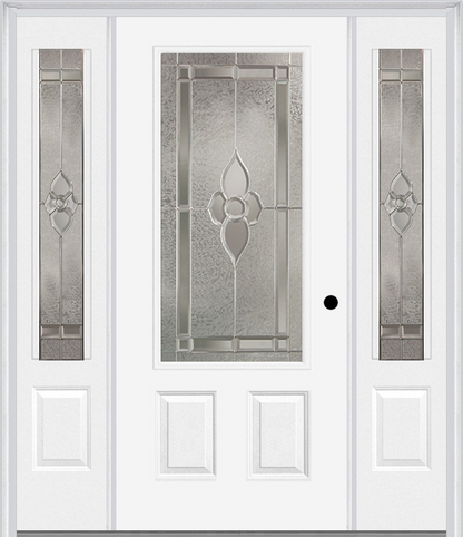 MMI 3/4 LITE 2 PANEL 6'8" FIBERGLASS SMOOTH NOUVEAU BRASS, NOUVEAU NICKEL, OR NOUVEAU PATINA EXTERIOR PREHUNG DOOR WITH 2 NOUVEAU BRASS/NICKEL/PATINA 3/4 LITE DECORATIVE GLASS SIDELIGHTS 607