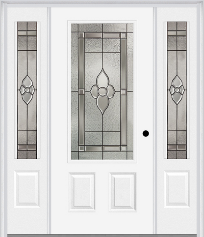 MMI 3/4 LITE 2 PANEL 6'8" FIBERGLASS SMOOTH NOUVEAU BRASS, NOUVEAU NICKEL, OR NOUVEAU PATINA EXTERIOR PREHUNG DOOR WITH 2 NOUVEAU BRASS/NICKEL/PATINA 3/4 LITE DECORATIVE GLASS SIDELIGHTS 607