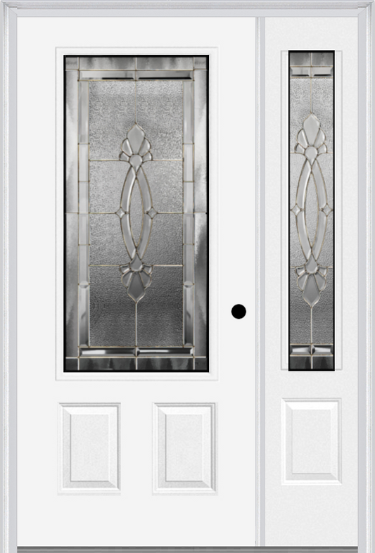 MMI 3/4 LITE 2 PANEL 6'8" FIBERGLASS SMOOTH BELAIRE ZINC EXTERIOR PREHUNG DOOR WITH 1 BELAIRE ZINC 3/4 LITE DECORATIVE GLASS SIDELIGHT 607