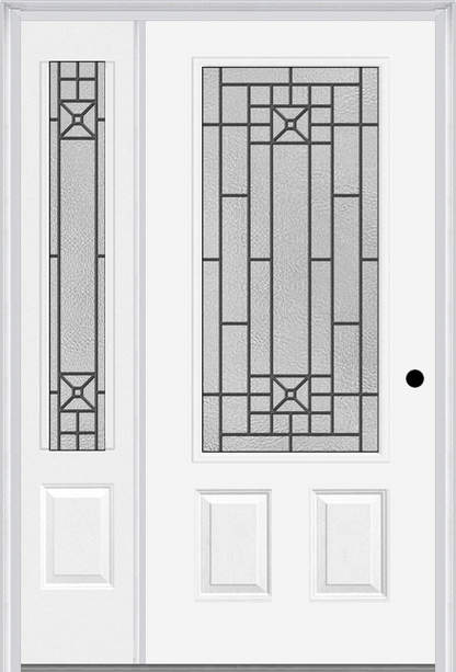 MMI 3/4 LITE 2 PANEL 6'8" FIBERGLASS SMOOTH COURTYARD NICKEL VEIN WROUGHT IRON EXTERIOR PREHUNG DOOR WITH 1 COURTYARD NICKEL VEIN WROUGHT IRON 3/4 LITE DECORATIVE GLASS SIDELIGHT 607