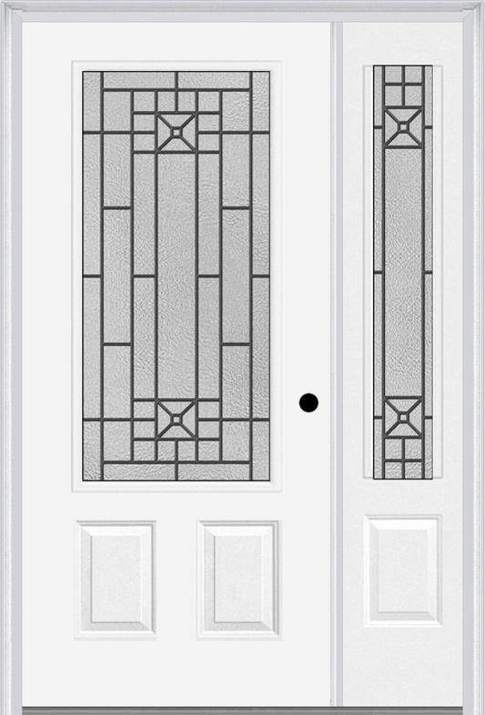 MMI 3/4 LITE 2 PANEL 6'8" FIBERGLASS SMOOTH COURTYARD NICKEL VEIN WROUGHT IRON EXTERIOR PREHUNG DOOR WITH 1 COURTYARD NICKEL VEIN WROUGHT IRON 3/4 LITE DECORATIVE GLASS SIDELIGHT 607