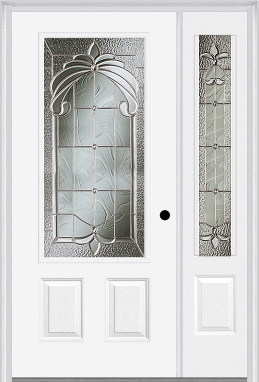 MMI 3/4 LITE 2 PANEL 6'8" FIBERGLASS SMOOTH EXPRESSIONS SATIN NICKEL EXTERIOR PREHUNG DOOR WITH 1 EXPRESSIONS SATIN NICKEL 3/4 LITE DECORATIVE GLASS SIDELIGHT 607