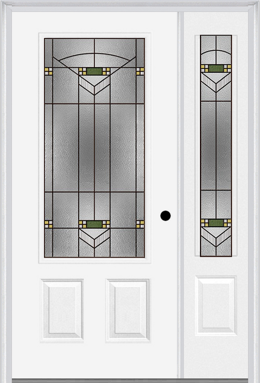 MMI 3/4 LITE 2 PANEL 6'8" FIBERGLASS SMOOTH GREENFIELD OIL RUBBED BRONZE EXTERIOR PREHUNG DOOR WITH 1 GREENFIELD OIL RUBBED BRONZE 3/4 LITE DECORATIVE GLASS SIDELIGHT 607