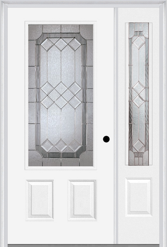 MMI 3/4 LITE 2 PANEL 6'8" FIBERGLASS SMOOTH MAJESTIC NICKEL EXTERIOR PREHUNG DOOR WITH 1 MAJESTIC NICKEL 3/4 LITE DECORATIVE GLASS SIDELIGHT 607