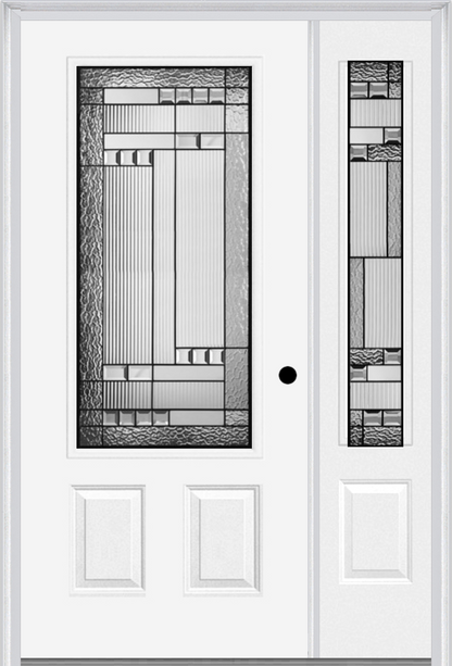 MMI 3/4 LITE 2 PANEL 6'8" FIBERGLASS SMOOTH METRO PATINA EXTERIOR PREHUNG DOOR WITH 1 METRO PATINA 3/4 LITE DECORATIVE GLASS SIDELIGHT 607